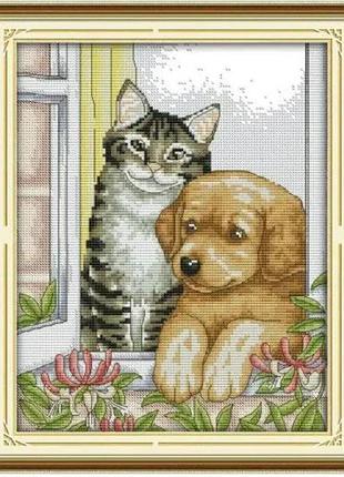 Набір для вишивання за нанесеною на канву схемою "the dog and cat ".aida 14ct printed , 28*33 см