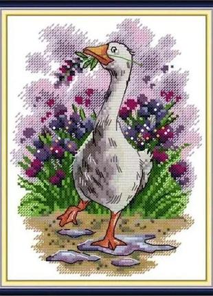 Набор для вышивания по нанесённой на канву схеме "summer lavender goose". aida 14ct printed 19*26 см