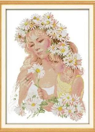 Набір для вишивання за нанесеною на канву схемою "mother and daughter with flower". aida 14ct printed 36*47 см