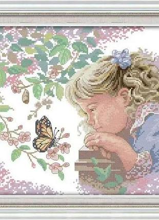 Набір для вишивання за нанесеною на канву схемою "the little girl with butterfly".aida 14ct printed , 38*30 см