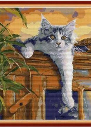 Набор для вышивания по нанесённой на канву схеме "cat and duck". aida 14ct printed 59*47 см