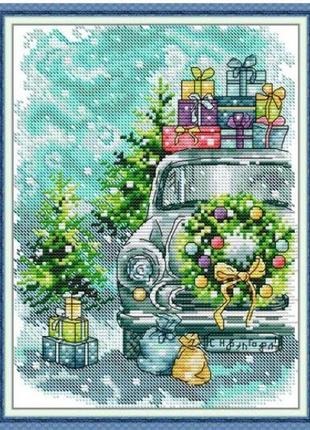 Набор для вышивания по нанесённой на канву схеме "christmas gift car". aida 14ct printed 21*29 см