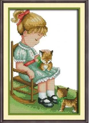 Набор для вышивания по нанесённой на канву схеме "girl and cat". aida 14ct printed 25*35 см
