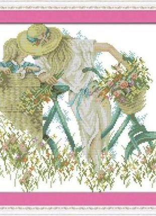 Набор для вышивания по нанесённой на канву схеме"mother and daughter with bike ". aida 14ct printed ,42*35 см