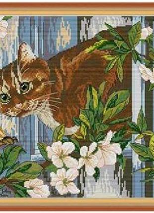 Набор для вышивания по нанесённой на канву схеме "cat and dragonflie". aida 14ct printed 42*33 см