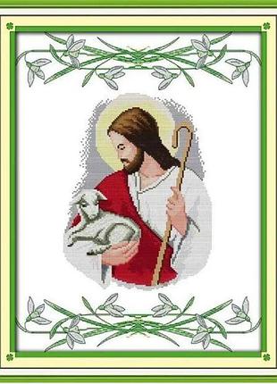 Набор для вышивания по нанесённой на канву схеме "jesus and sheep ". aida 14ct printed 38*48 см