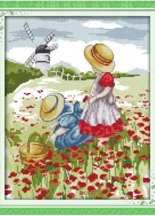 Набір для вишивання за нанесеною на канву схемою "poppy field". aida 14ct printed, 31*37 см