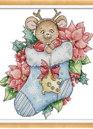 Набір для вишивання за нанесеною на канву схемою "mouse christmas socks". aida 14ct printed 22*28 см