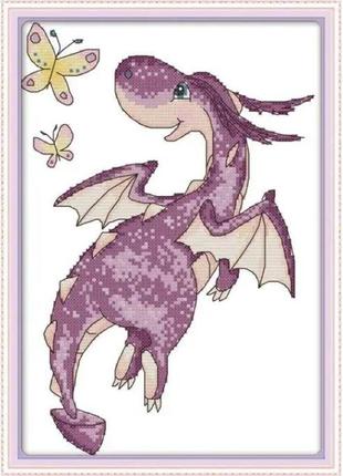 Набор для вышивания по нанесённой на канву схеме "the purple little dragon". aida 14ct printed 21*31 см