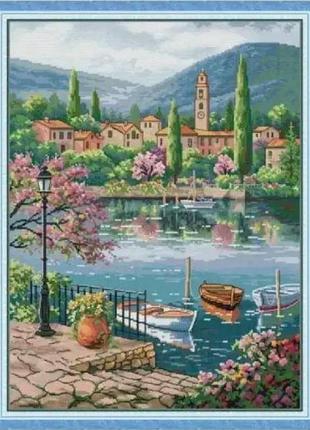 Набор для вышивания по нанесённой на канву схеме "lake and mountains". aida 14ct printed 42*52 см