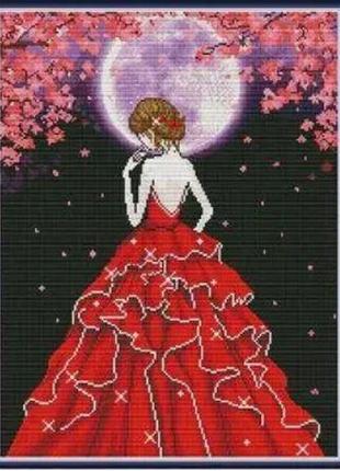 Набор для вышивания по нанесённой на канву схеме "pretty lady on moonlit night". aida 14ct printed 39*49 см