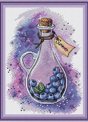 Набір для вишивання за нанесеною на канву схемою "magic berry bottle blueberries". aida 14ct printed 19*27 см