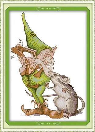 Набор для вышивания крестиком по нанесённой на канву схеме "green elf and big mo". aida 14ct printed, 19*28 см