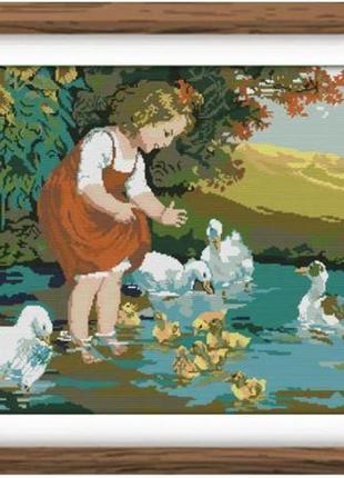 Набір для вишивання за нанесеною на канву схемою "the little girl and ducks in pool" aida14ct printed 67*52 см