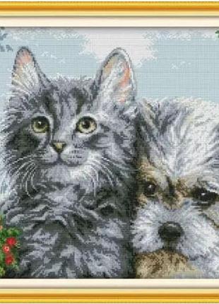 Набор для вышивания по нанесённой на канву схеме "kitten and puppy". aida 14ct printed 55*41 см