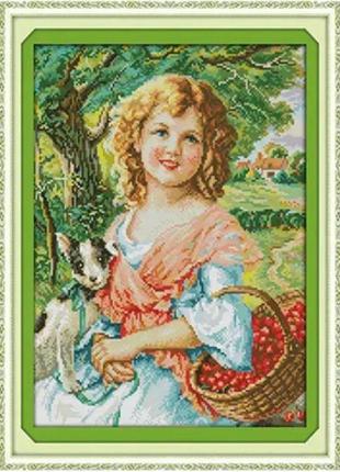 Набір для вишивання за нанесеною на канву схемою "picking fruit girl". aida 14ct printed, 33*43 см