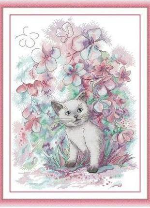 Набор для вышивания по нанесённой на канву схеме "kitten in early spring". aida 14ct printed 31*41 см