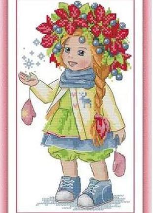 Набір для вишивання за нанесеною на канву схемою "winter girl". aida 14ct printed, 18*32 см