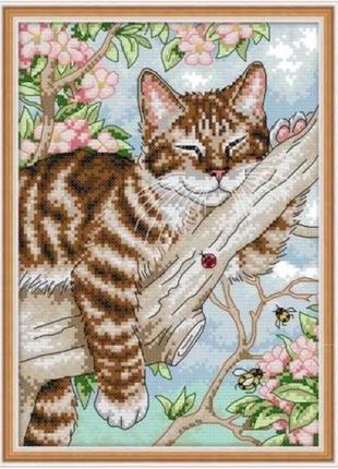 Набір для вишивання за нанесеною на канву схемою "a lazy cat on the tree". aida 14ct printed, 22*31 см