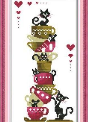 Набір для вишивання за нанесеною на канву схемою "black cats on the cups". aida 14ct printed 21*38 см