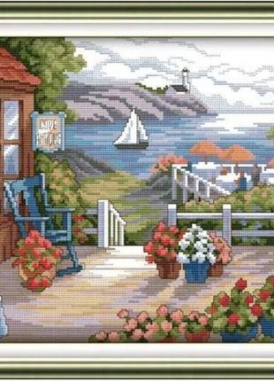 Набор для вышивания по нанесённой на канву схеме "terrace with blooming flowers".aida 14ct printed , 44*33 см