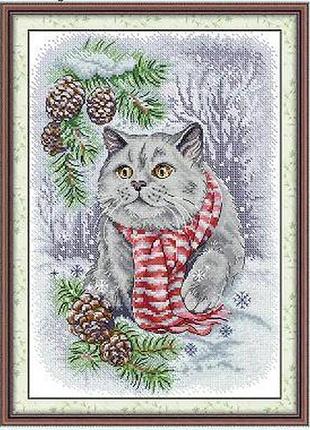 Набір для вишивання за нанесеною на канву схемою "snowy blue cat". aida 14ct printed 29*40 см