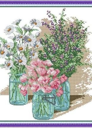 Набір для вишивання за нанесеною на канву схемою "three bottles of flowers". aida 14ct printed 33*36 см