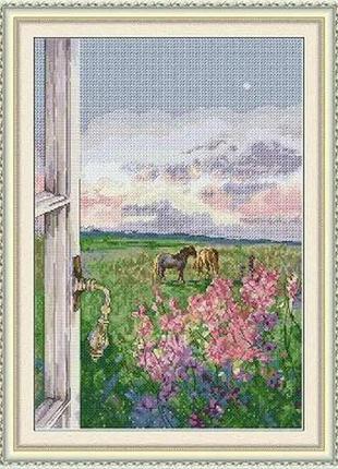 Набор для вышивания по нанесённой на канву схеме "flowers and horses in the windo". aida 14ct printed 32*44 см