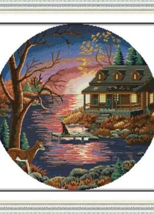 Набор для вышивания по нанесённой на канву схеме"sunset lake villa".aida 14ct printed,48*48см