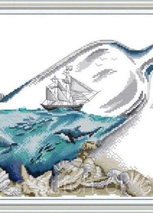 Набор для вышивания по нанесённой на канву схеме "sea in a bottle". aida 14ct printed, 42*30 см