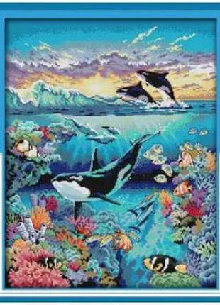 Набор для вышивания по нанесённой на канву схеме "underwater world". aida 14ct printed,40*49 см
