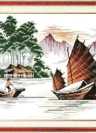 Набор для вышивания по нанесённой на канву схеме "fishing boat". aida 14ct printed, 46*33 см