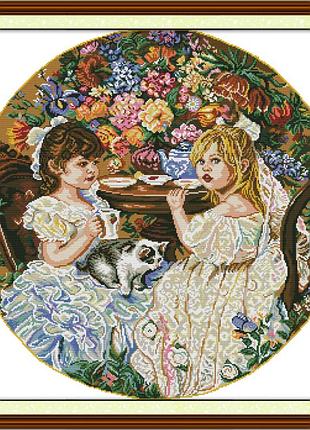 Набор для вышивания по нанесённой на канву схеме "two little girls" . aida 14ct printed, 62*62 см