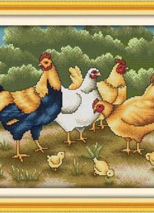 Набор для вышивания по нанесённой на канву схеме "chickens foraging". aida 14ct printed, 42*31 см