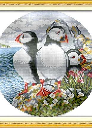 Набір для вишивання за нанесеною на канву схемою "three penguins". aida 14ct printed, 27*27 см