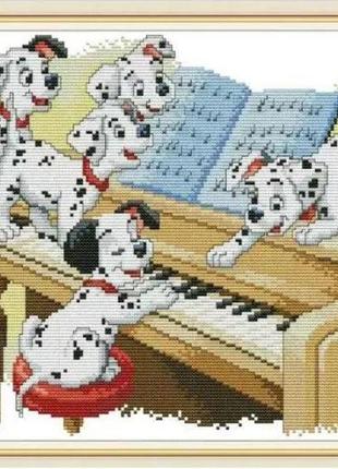 Набор для вышивания по нанесённой на канву схеме"five dalmatians playing the piano".aida 14ct printed,37*30см