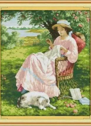 Набор для вышивания по нанесённой на канву схеме "the woman under an apple tree ".aida 14ct printed , 54*62 см