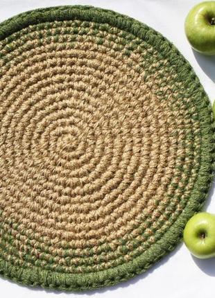 Міні килимок (40см) зелений з джуту на стіл стілець табурет круглий1 фото