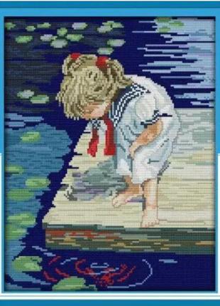 Набір для вишивання за нанесеною на канву схемою  "lakeside girl ".aida 14ct printed , 30*37 см