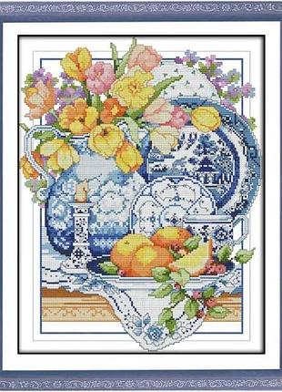 Набор для вышивания по нанесённой на канву схеме "porcelain and flowers" aida 14ct printed, 33*41 см