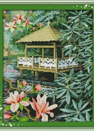 Набор для вышивания по нанесённой на канву схеме "pavilion with flowers ". aida 14ct printed, 33*38 см