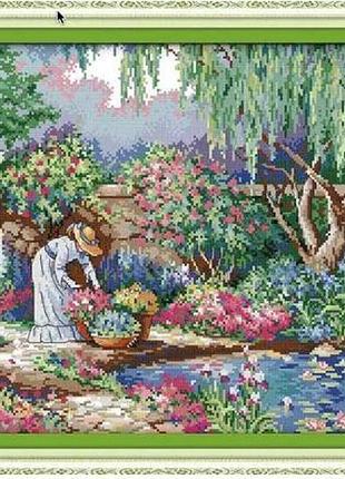Набір для вишивання за нанесеною на канву схемою "garden girl" . aida 14ct printed, 54*38 см