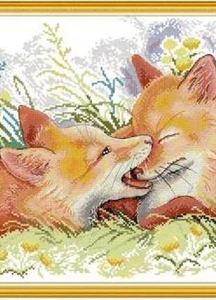 Набір для вишивання за нанесеною на канву схемою "two playful foxes". aida 14ct printed, 48*35 см