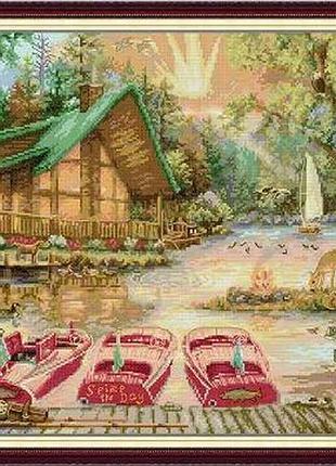 Набор для вышивания по нанесённой на канву схеме "river house and boat". aida 14ct printed 56*44 см
