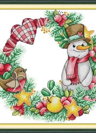 Набір для вишивання за нанесеною на канву схемою  "christmas snowman wreath ".aida 14ct printed, 34*33 см