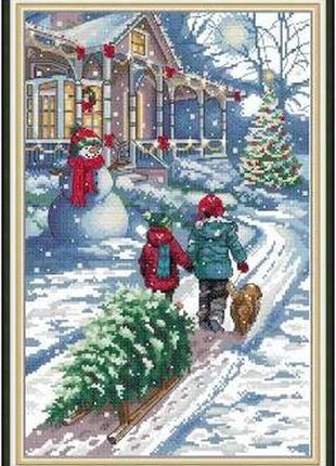Набір для вишивання за нанесеною на канву схемою "christmas snow scene". aida 14ct printed 30*44 см
