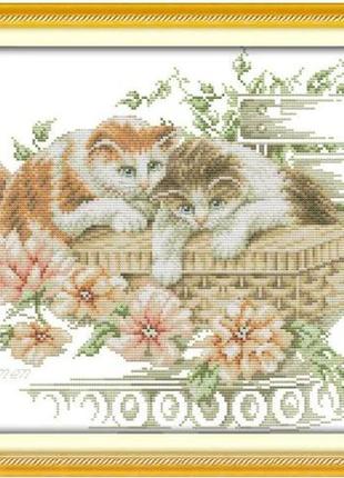 Набір для вишивання за нанесеною на канву схемою "flowers and cats". aida 14ct printed, 44*34 см