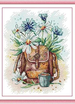 Набор для вышивания по нанесённой на канву схеме "schoolbag & chamomiles".aida 14ct printed , 18*21 см