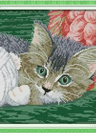 Набір для вишивання за нанесеною на канву схемою "the cat paly with the circle o".aida 14ct printed , 29*29