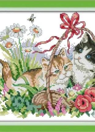 Набор для вышивания по нанесённой на канву схеме "four seasons cats 1 spring". aida 14ct printed 30*26 см